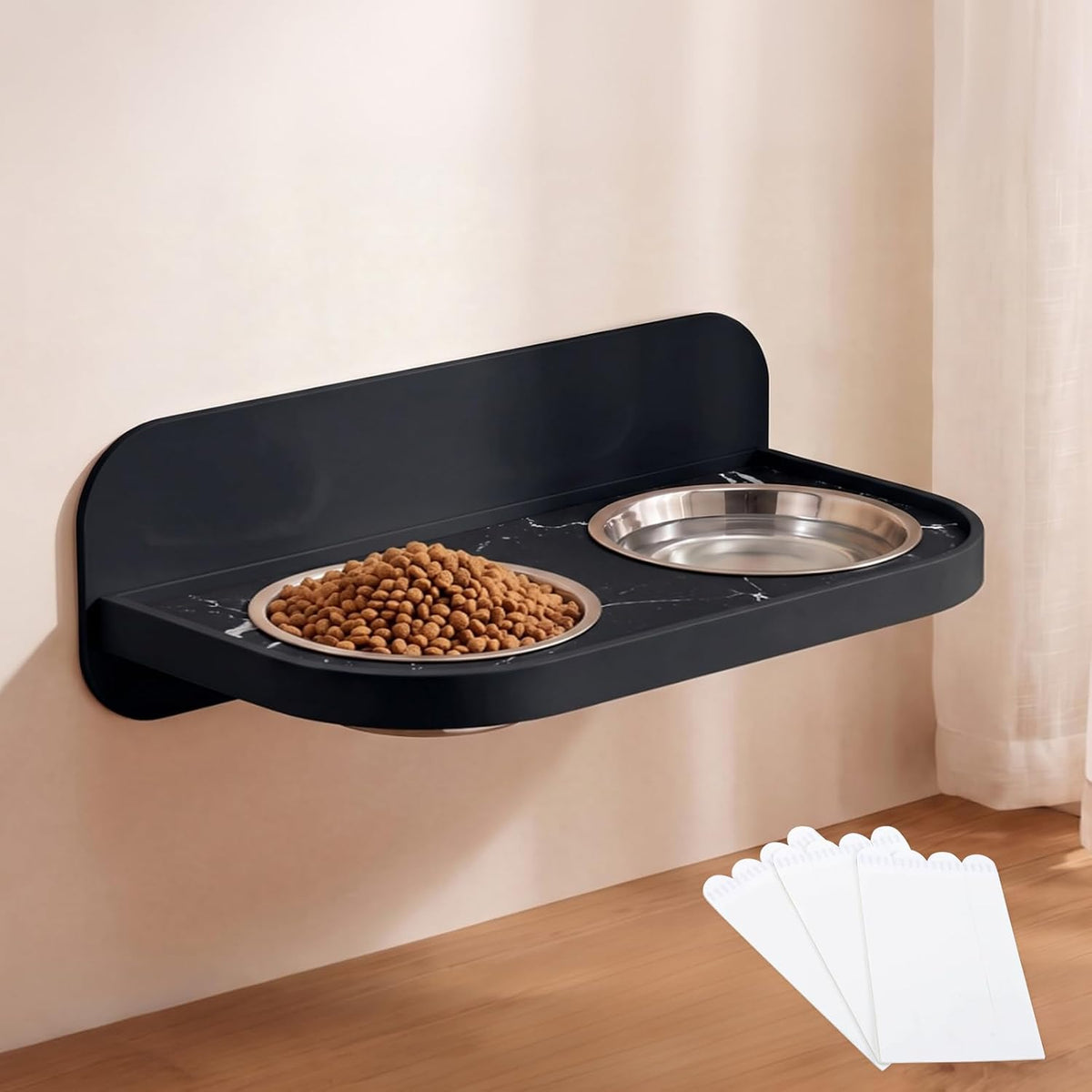 Raised Wall Mount Cat Dog Bowls, Adjustable Height Double Stainless Steel Food Water Bowls, Anti-Spill Elevated Pet Feeding Set, Pet Feeder for Kittens, Puppies, Black