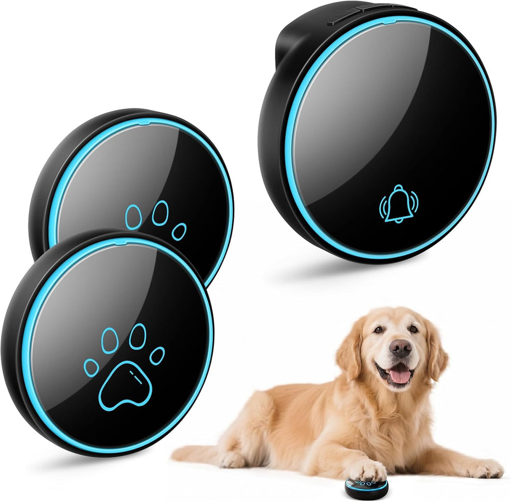 Smart Wireless Dog Door Bell, Doggie Doorbell for Pet Potty Training Communication Go Outside Press Button with 38 Melodies 4 Volume Levels LED Flash (1 Receiver & 2 Transmitter), Black