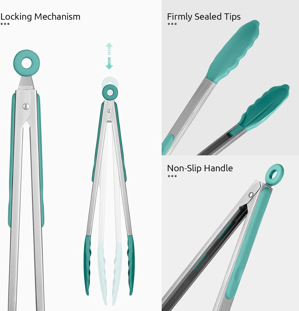 U-Taste Kitchen Tong for Cooking, 600ºF Heat-Proof Silicone, 12in/Aqua Sky