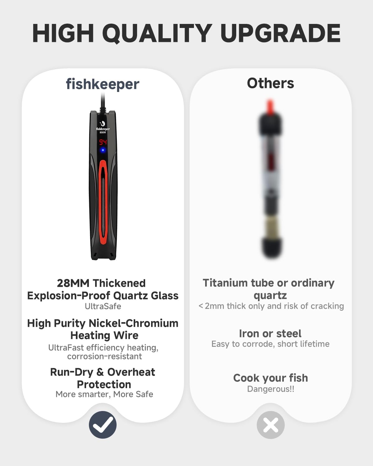 fishkeeper 800W Adjustable Submersible Aquarium Heater, 40-220 Gallon