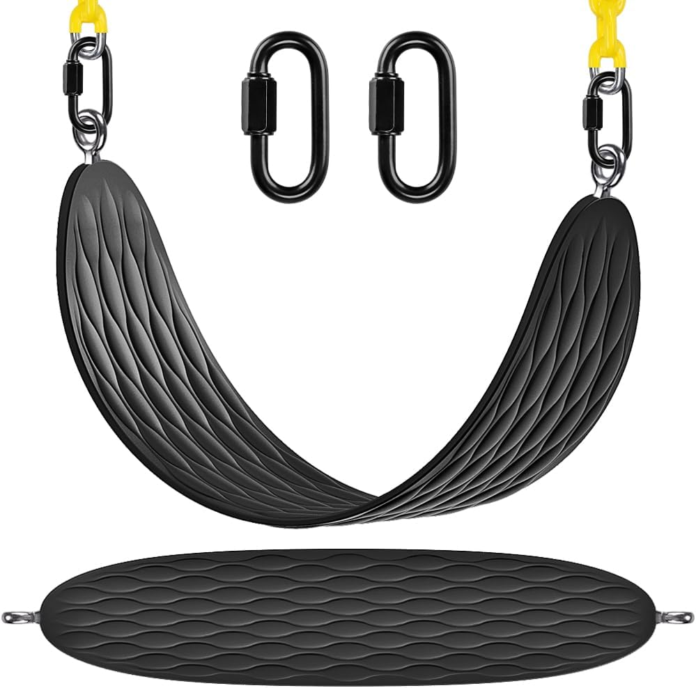 Non-Slip Swing Seat, Plastic Tree Swing Seats for Kids with U-Shape Design & Soft Rubber Grip, Adjustable Rope (57-80"), 2 Carabiners - for Indoor Outdoor Backyard Playground Use- Black