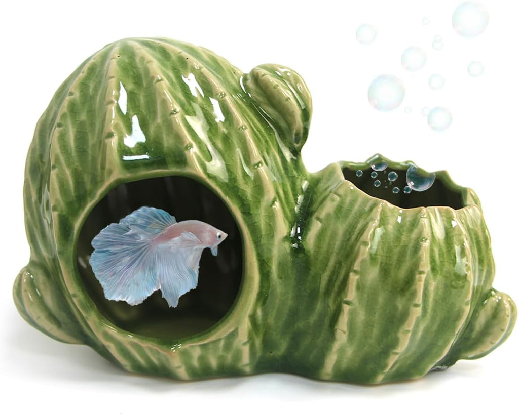 Green Aquarium Decor Ceramic Western Cactus Betta Fish Tank Cave