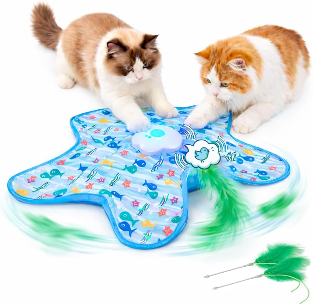 Interactive Cat Toys with Squeaker for Interactive Playing, Anxiety Relief Boredom Rechargeable Automatic Feathers Toys Touch Activated for Indoor Adult Cats and Kittens (Interactive Toys)