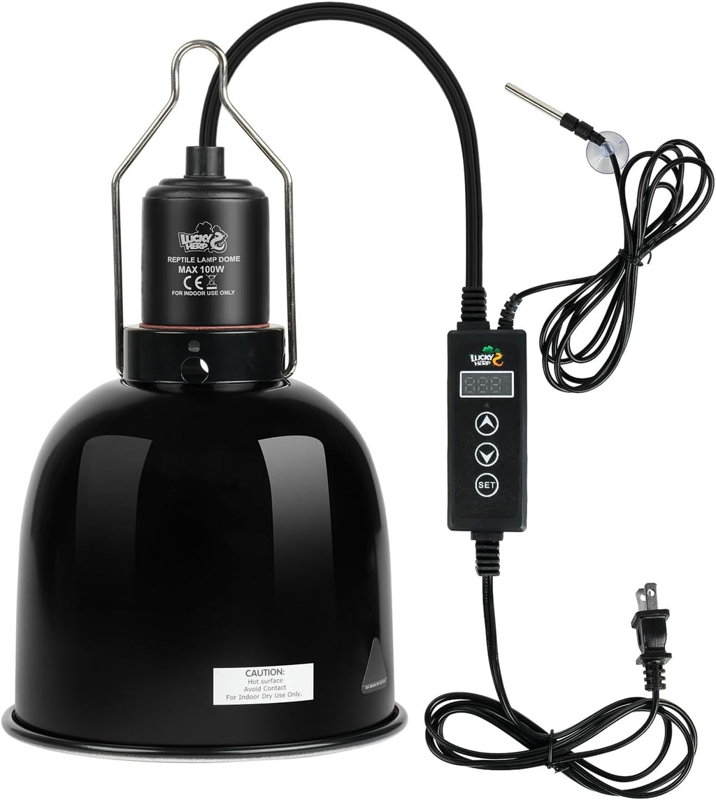 LUCKY HERP Reptile Light Fixture with Dimming Thermostat & Timer, Aluminum 5.5inch Deep Dome Reptile Lamp Fixture, Heat Lamp Fixture for Reptile Bulb Basking Heat Bulb, Max 100W