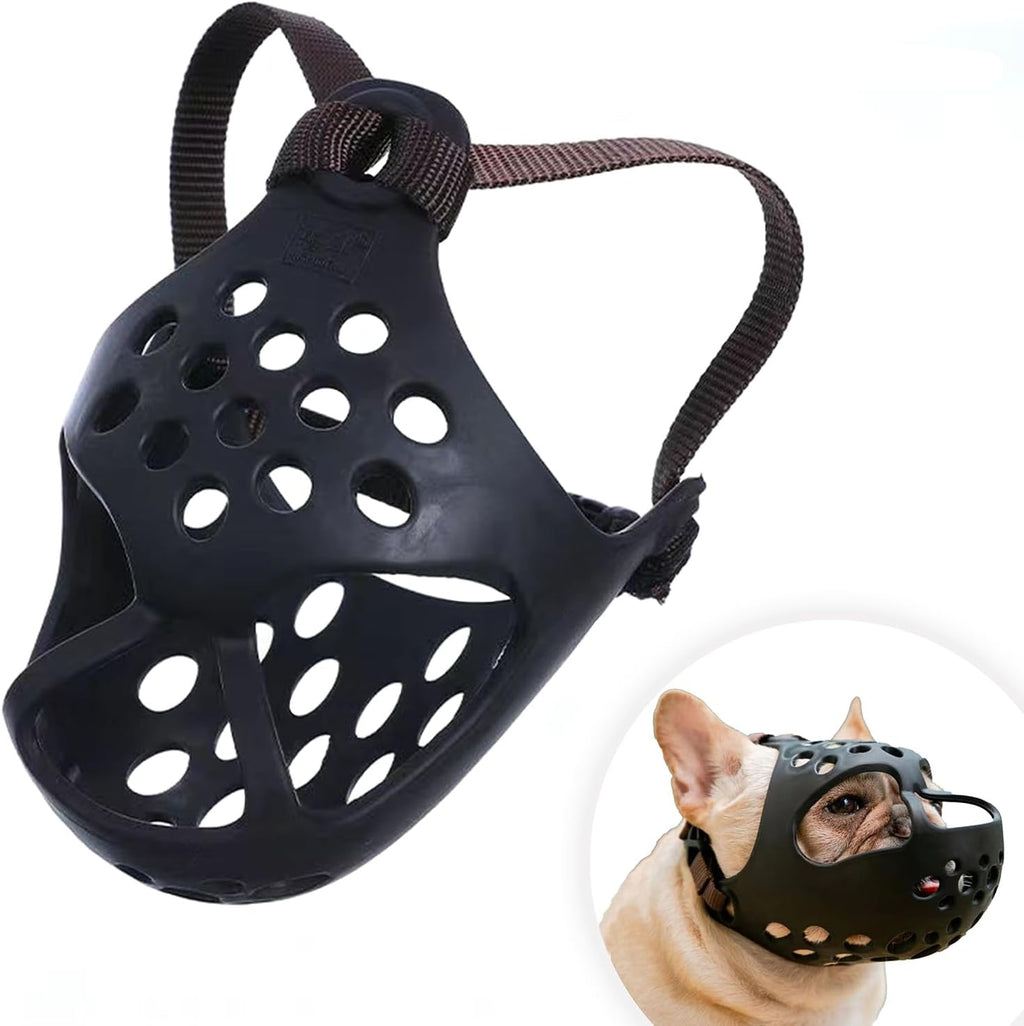 Short Snout Dog Muzzle- Adjustable Soft Silicone Flat Faced Bulldog Muzzle Breathable Dog Mask for Biting Chewing Training Licking and Grooming (Black, S（Head 13.0"-14.5"）)