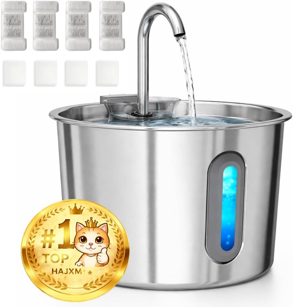 Cat Water Fountain, 74oz/2.2L Cat Fountain for Drinking - Pet Water Fountain Stainless Steel for Cats Inside - Quiet Water Bowl Dispenser - Kitty Drinking Fountains - 8 Filters + 8 Sponges