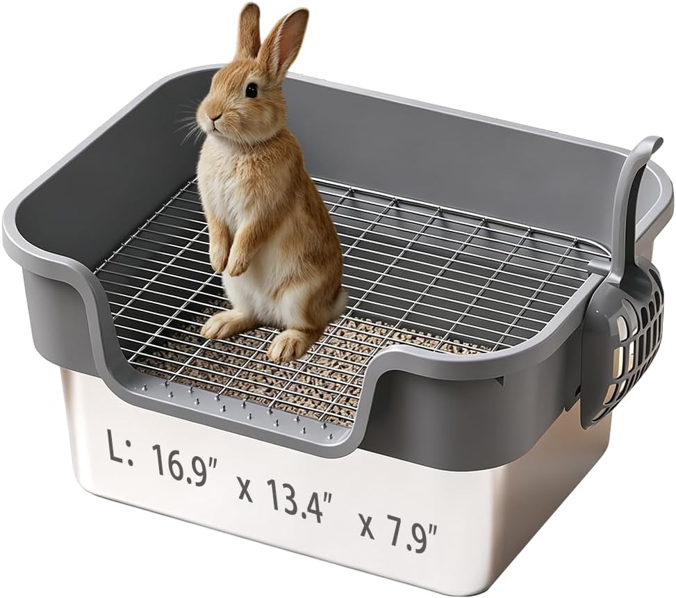 Stainless Steel Rabbit Litter Box with Grid High Side, 17"x13.4"x7.8" Easy Clean Metal Litterbox Pan with Sifting Tray for Small Medium Animals Pets Guinea Pig Kitten Ferret, Gray