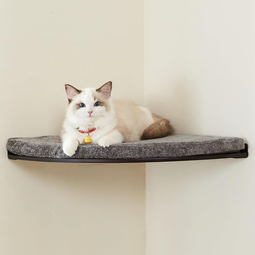 LIORCE Wall Mounted Corner Cat Bed - Cat Shelf with Comfortable Cushion - Minimalistic Cats Furniture for Indoor Cats - Climbing Perch for Wall, Walnut