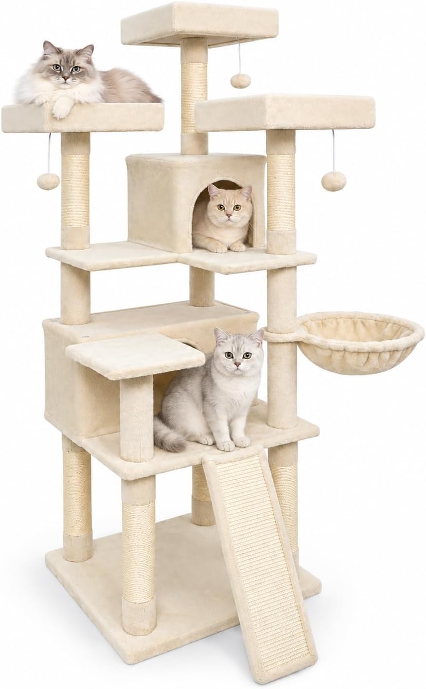 66" Multi-Level Cat Tree, 3 Perches, 2 Condos, Light Gray
