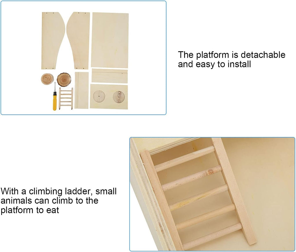 HEEPDD Hamster Sand Bath Box, Wooden Multi Functional Sand Bathroom Hideout with Climbing Ladder and Feeder Bowl for Cage Use Natural Color 1 Set