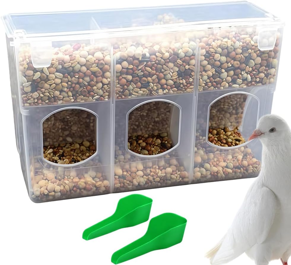 Pigeon Automatic Feeder Plastic Water Dispenser No Mess Hanging Food Feeder for Bird Cage Parakeet Quail Bird Chicken (3 Hole-Hook Design)