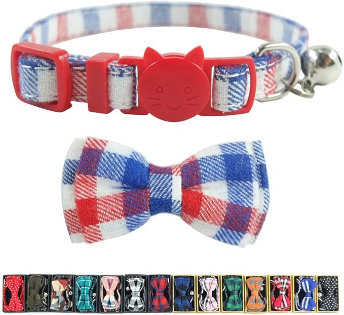 Cat Collar Breakaway with Bell and Bow Tie, Plaid Design Adjustable Safety by Ximipet