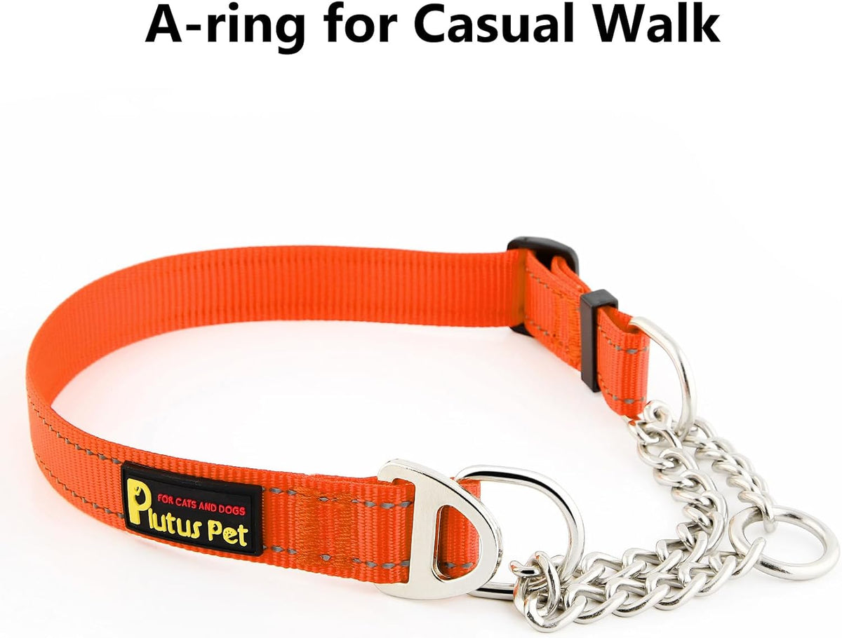 Plutus Pet Martingale Dog Collar with Stainless Steel Chain, Orange, L