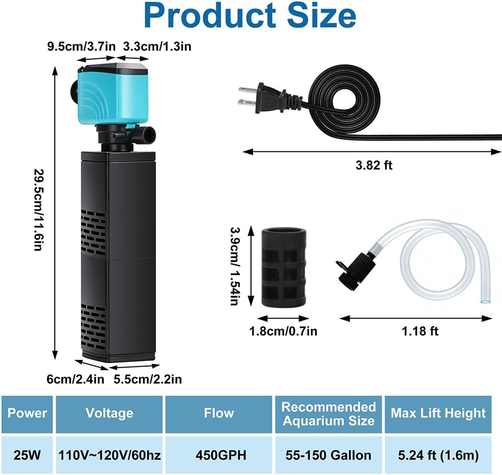 DaToo Aquarium Filter 55-150 Gallon Fish Tank Filter 450GPH Powerful Pump For Aquariums Adjustable Air Flow Submersible Internal Aquarium Filters For Pond Wavemaker Air Supply Freshwater And Saltwater