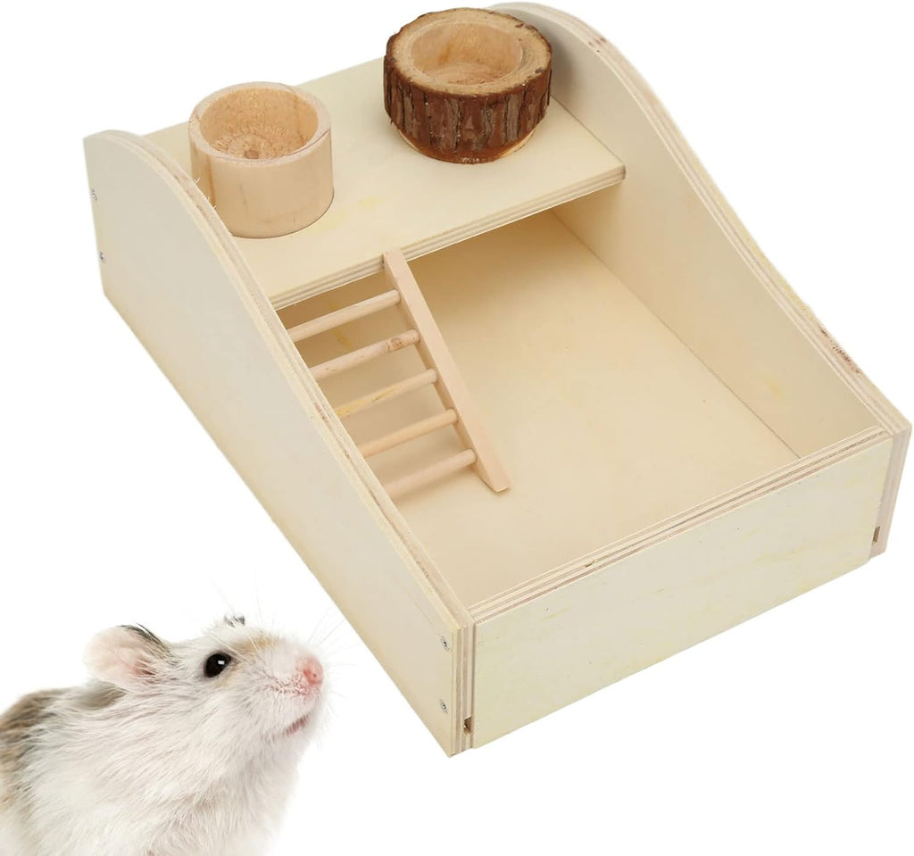 HEEPDD Hamster Sand Bath Box, Wooden Multi Functional Sand Bathroom Hideout with Climbing Ladder and Feeder Bowl for Cage Use Natural Color 1 Set