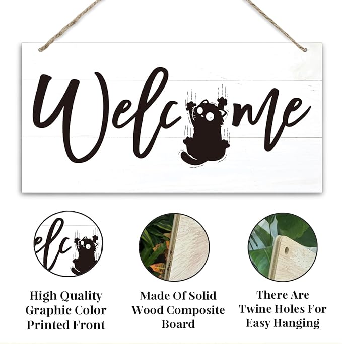 Welcome Sign for Front Door, Welcome Decor Wooden Hanging Sign for Cats Lover - Image 3