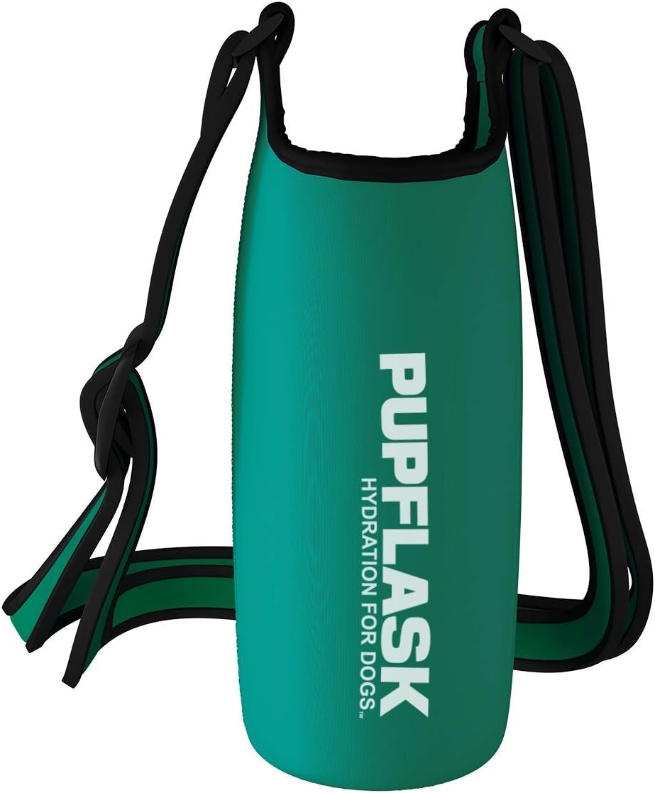 Tuff Pupper PupFlask Insulated Neoprene Dog Water Bottle Holder Sling with Wide Adjustable Shoulder Strap, Great for Travel, Walking, Hiking, Portable Pet Water Bottle Holder (27 OZ, Quetzal Green)