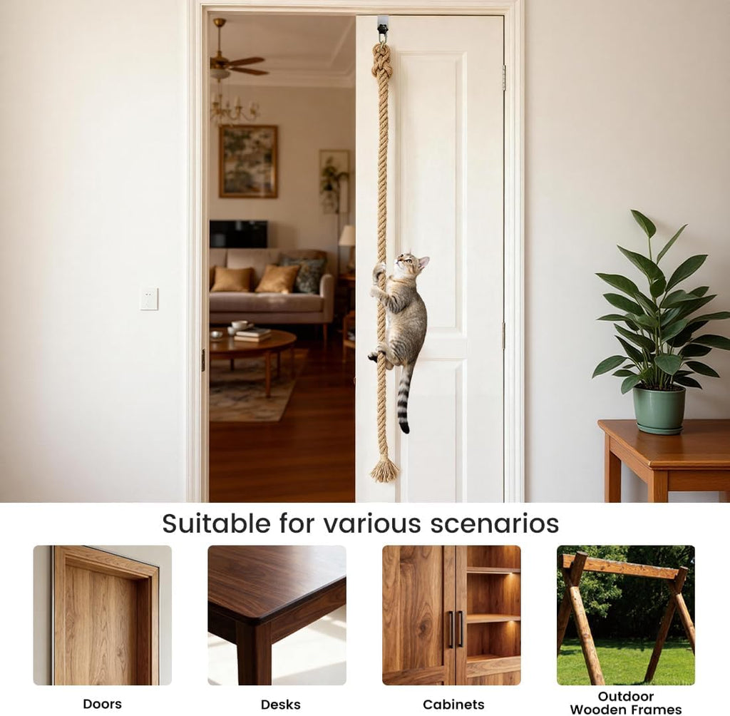 Cat Climbing Rope with U Clip, All-Mounted Clip-on Installation Cat Tree with Climbing Rope for Kitten, Durable Space Saving Cat Climbing Ropes Toy for Doors, Tables, Cabinets,Outdoor Wooden Frames
