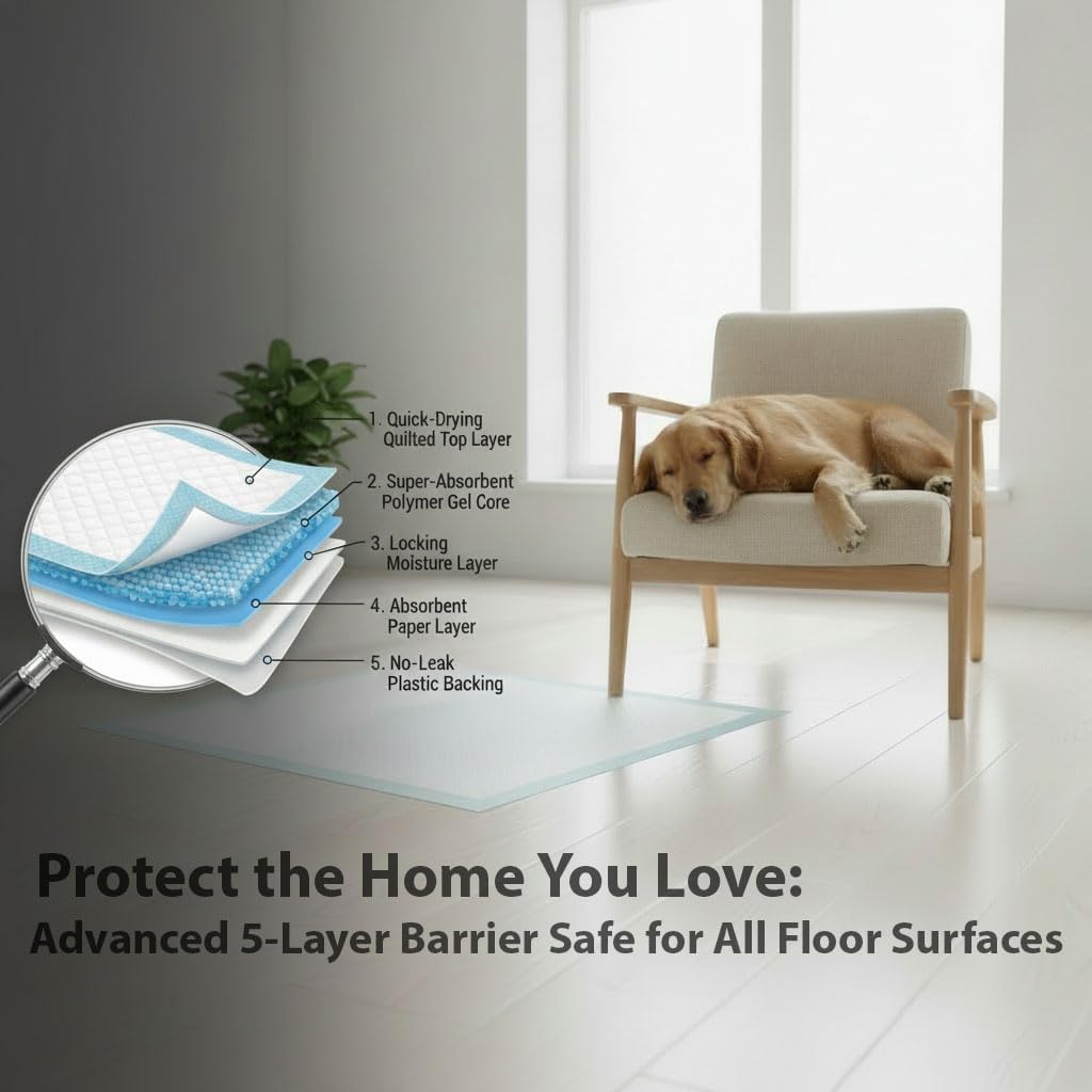 Large Dog Training Pads, 100 Count – 5-Layer Ultra Absorbent Puppy Pee Pads, Leak-Proof & Quick-Dry Surface, Potty Training Essentials for Dogs & Puppies (L, 100, Count)
