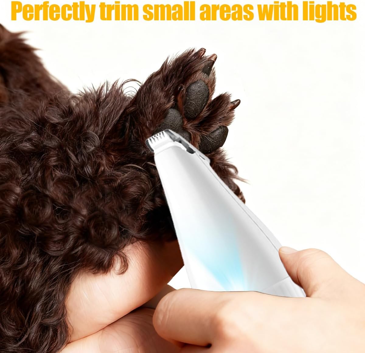Dog Paw Trimmer, Low Noise Paw Hair Trimmer for Dogs with LED Light Wireless Pet Shaver, Suitable for Claws, Ears, Face, HIPS and Eyes(Orange) (White, 4-in-1)