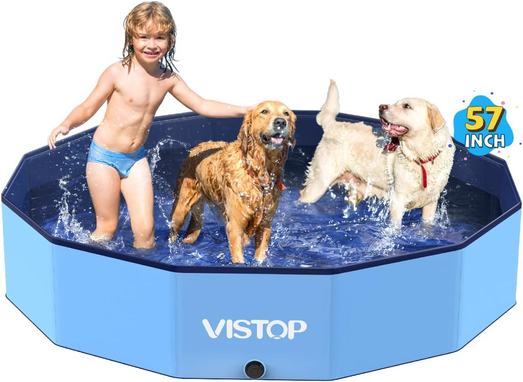 VISTOP Extra Large Foldable Dog Pool XXL, Hard Plastic Shell Portable Swimming Pool for Dogs Cats and Kids Pet Puppy Bathing Tub Collapsible Kiddie Pool (67inch.D x 11.8inch.H, Blue)