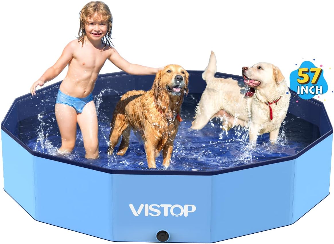 VISTOP Extra Large Foldable Dog Pool XXL, Hard Plastic Shell Portable Swimming Pool for Dogs Cats and Kids Pet Puppy Bathing Tub Collapsible Kiddie Pool (67inch.D x 11.8inch.H, Blue)