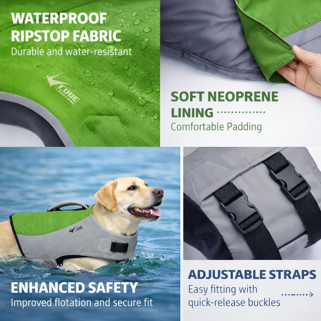 Dog Life Jacket, Sport Style Dog Float Coat with Excellent Buoyancy, Stylish Dog Swimming Safety Vest with Rescue Handle for Small Medium Large Dogs Green XL