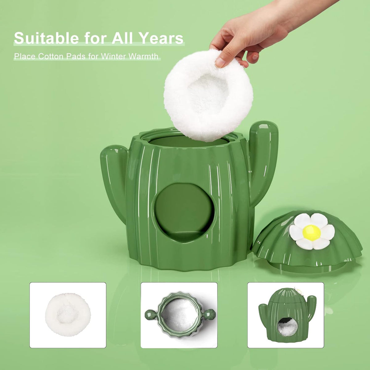 BUCATSTATE Hamster Hideout Ceramic - Cactus Shape Hamster House and Habitats Cool Bed Ideal for Summer Dwarf Hamster Gerbil Mice Golden Bear (Green-Large)