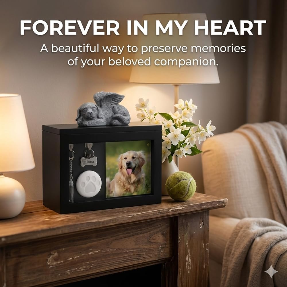 Pet Memorial Shadow Box, Paw Print Clay & Keepsake Bottle with Angel Statue