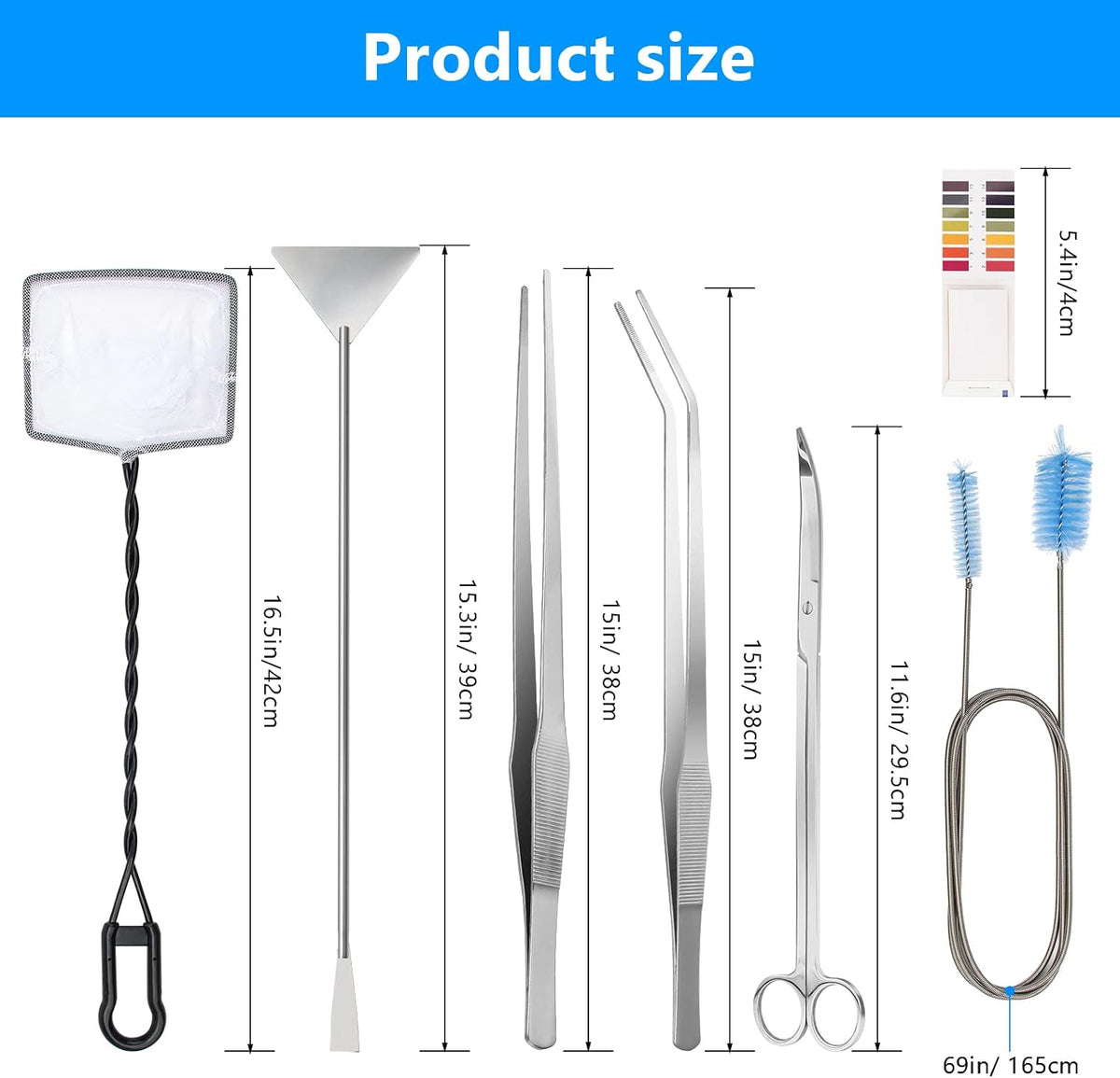 Extra Long Aquarium Aquascaping Tools Kit 8 in 1, Liveek Stainless Steel Aquarium Plant Tools Long Fish Tank Aquascape Tweezers Scissors Scrapers, PH Paper, Fish Net, Aquascape Clean Brush, Bag