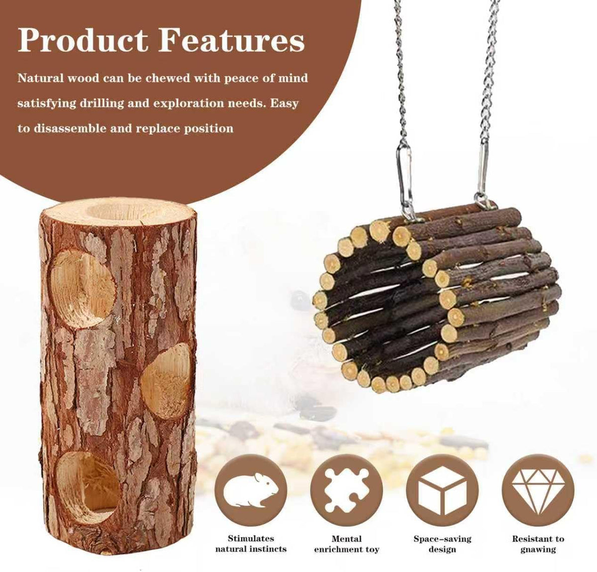 Natural Wooden Hamster Tunnels & Hideouts–Chew-Safe Birch Trunk Tubes(4pcs)