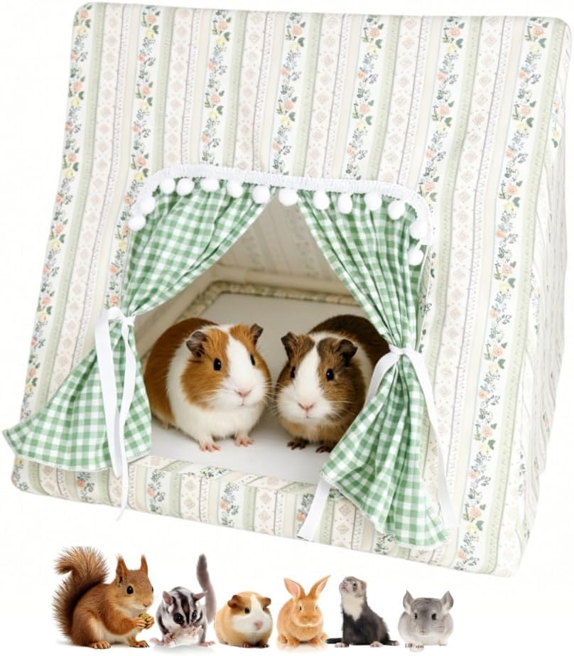 Guinea Pig Bunny Hideout with Cute Curtain,Small Animal Hideout for Rabbit Hamsters Squirrel Ferrets Chinchilla and Rats,Machine Washable Guinea Pig Hide Tent Houses(Large,No Mat)