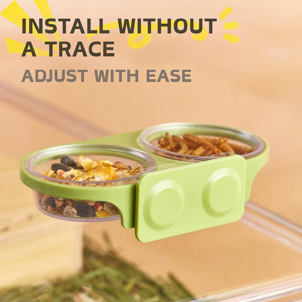 Magnetic Reptile Feeding Ledge with 2 Pack Plastic Bowls Food Feeder Water Dish for Crested Gecko Dwarf Hamster (Green, Magnetic-Mounted)