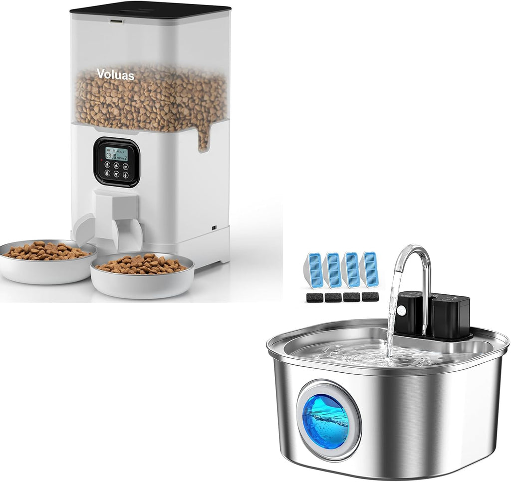 Voluas Automatic Cat Feeder for Two Cats,108oz/3.2L Wireless Cat Fountain Battery Operated for Drinking Indoor