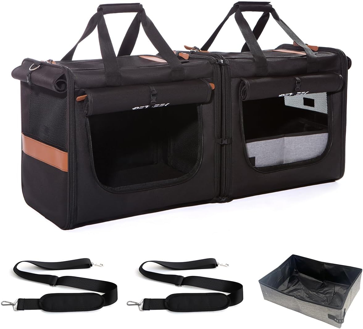 Large Cat Carrier for 2 Cats, Soft Sided Folding Pet Carrier with Litter Box, (16.5" x2) x12.6"x15.5" Dual Cabin with Zipper Locks, Comfortable Design for Travel