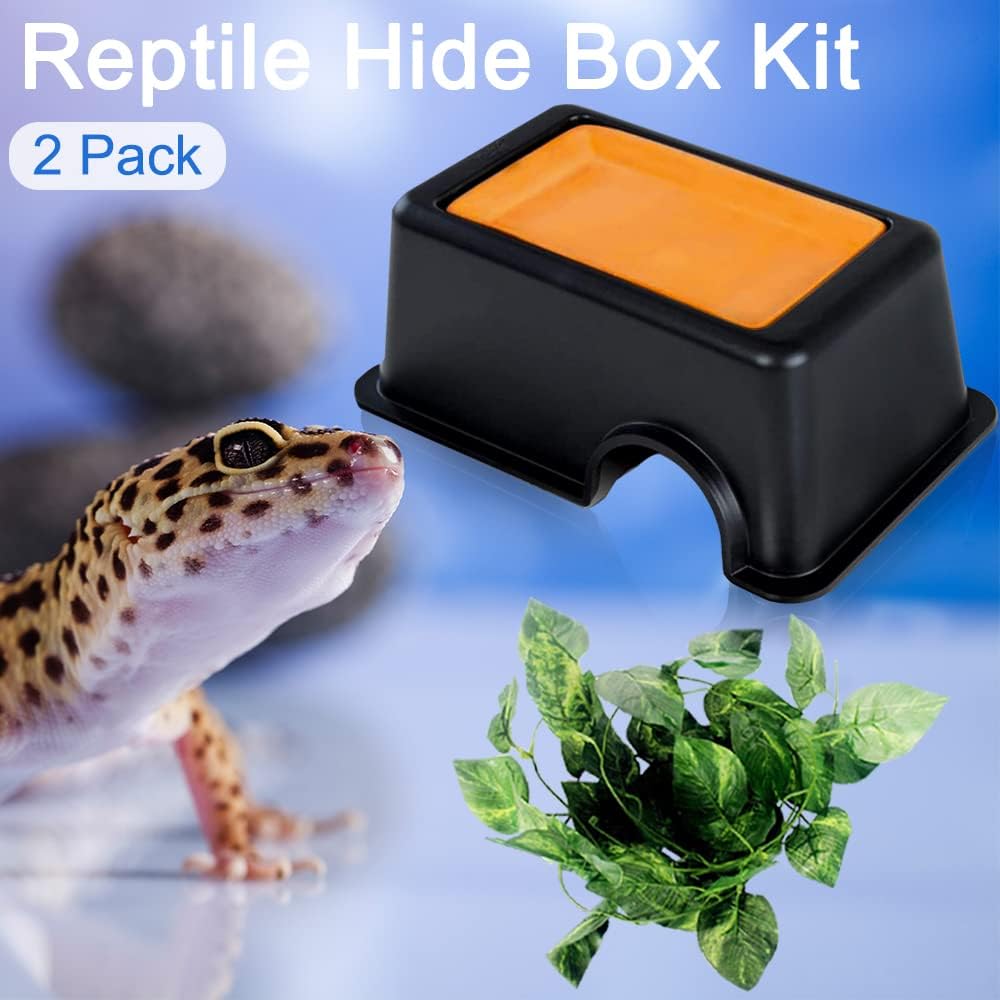 Hamiledyi 5 Pcs Reptile Plants Terrarium Hanging Fake Plant Leaves and Reptile Hide Box Gecko Hideout Cave with Sink Humidifier for Ball Python Bearded Dragon Chameleon Lizard