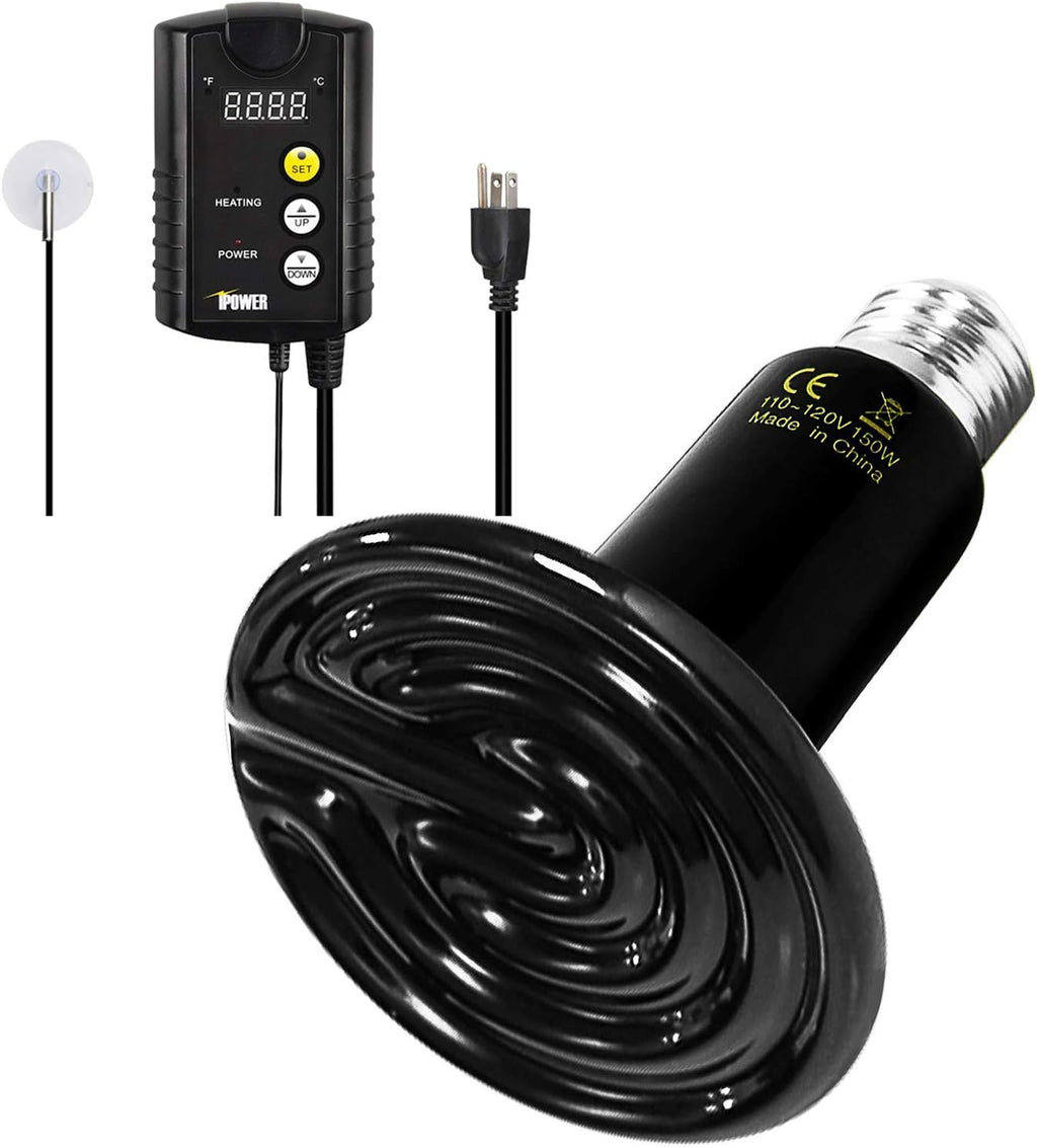 Simple Deluxe 150W Reptile Heat Bulb and 40-108 Degrees Fahrenheit Digital Thermostat Controller Included, for Amphibian Pet & Incubating Chicken, Black