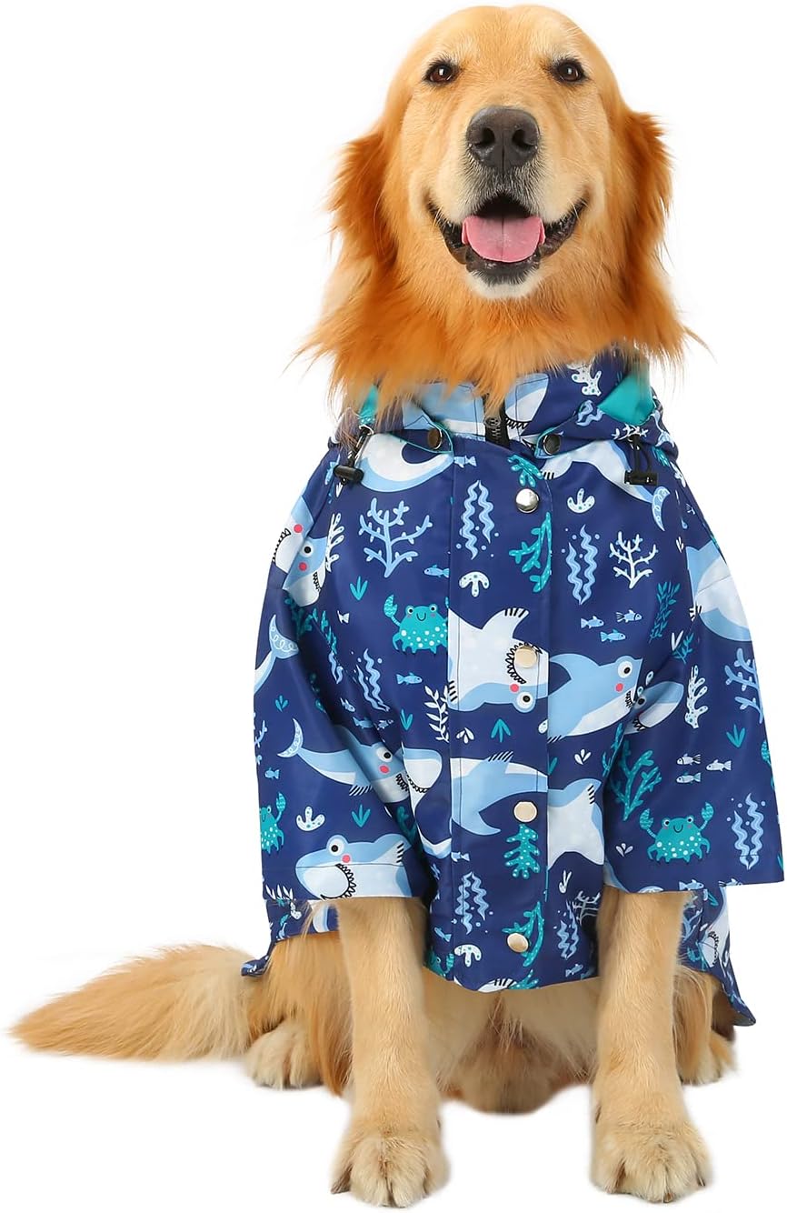 HDE Premium 2-Layer Zip Dog Raincoat Poncho w/Leash Hole & Hood Sharks 2XL