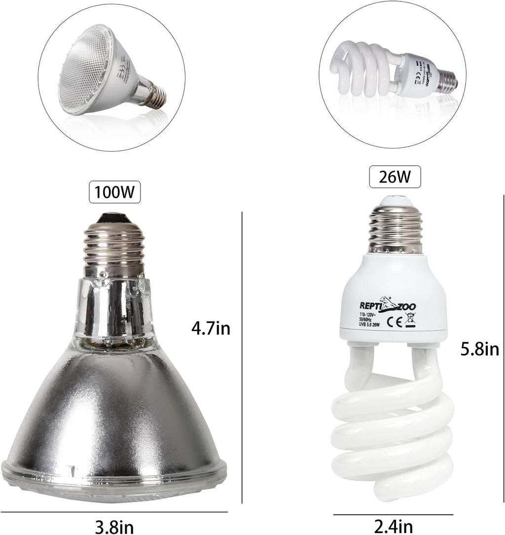 REPTI ZOO Reptile Heat Lamp Reptile Light Fixture Combo Pack, 100W UVA Turtle Basking Spot Lamp Reptile Heat Bulb & 26W UVA UVB Bulb 5.0 Reptile Light for Aquatic Turtle