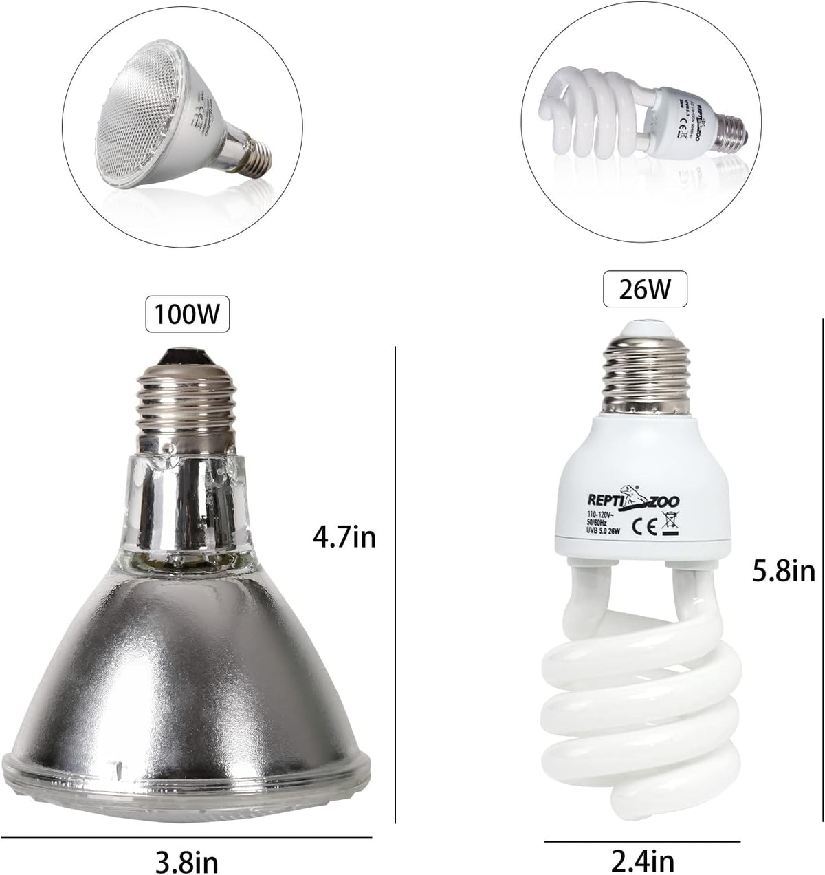 REPTI ZOO Reptile Heat Lamp Reptile Light Fixture Combo Pack, 100W UVA Turtle Basking Spot Lamp Reptile Heat Bulb & 26W UVA UVB Bulb 5.0 Reptile Light for Aquatic Turtle