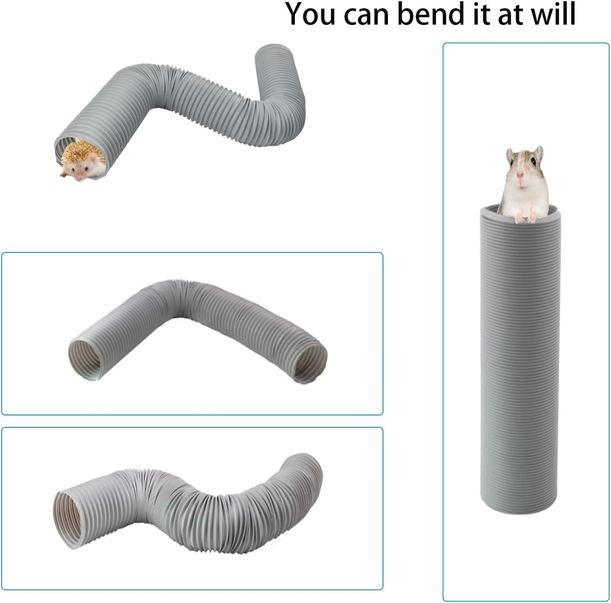 2 PCS Hamster Fun Plastic Tunnels,Hamster Collapsible Plastic Tube, Cage Tunnels with Chew Toy,Training Hideout for Guinea Pigs Guinea Pigs, Chinchillas, Rats, Gerbils (Grey)