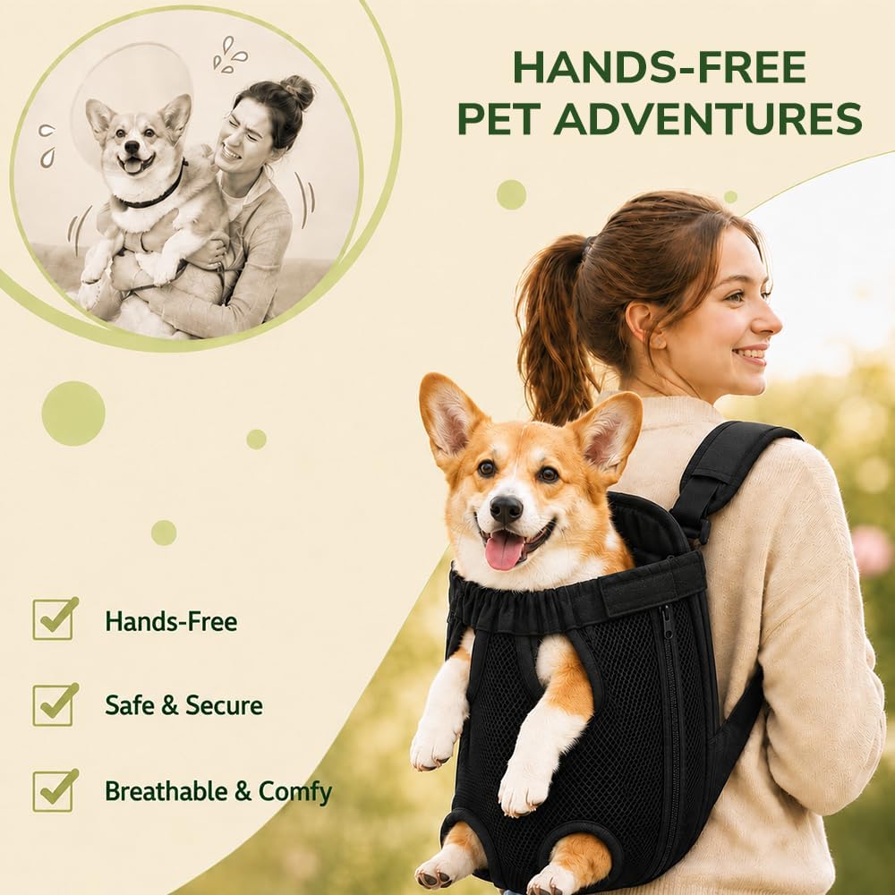 Inspack Dog Backpack Carrier/Cat Carrier, Adjustable Pet Front Carriers Travel Bag for Puppy Medium Dogs, Legs Out, Soft Ventilated Dog Chest Carry Backpacks for Hiking/Camping, 4-7 lbs, Black