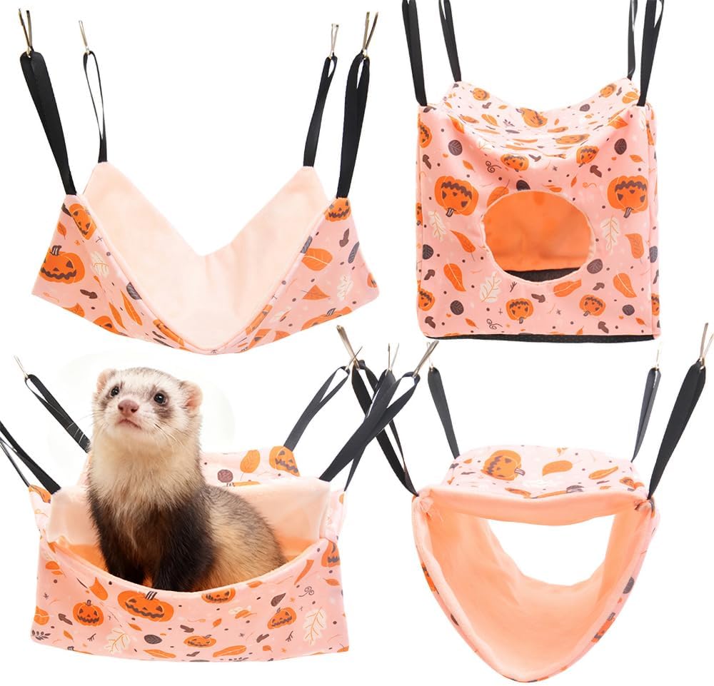 4 Pack Ferret Hammock Set, Hanging Soft Small Animal Hammocks with Hideout,Tunnel and Double Layer,Cage Accessories for Ferret,Rats,Sugar Glider,Squirrel (Pink)