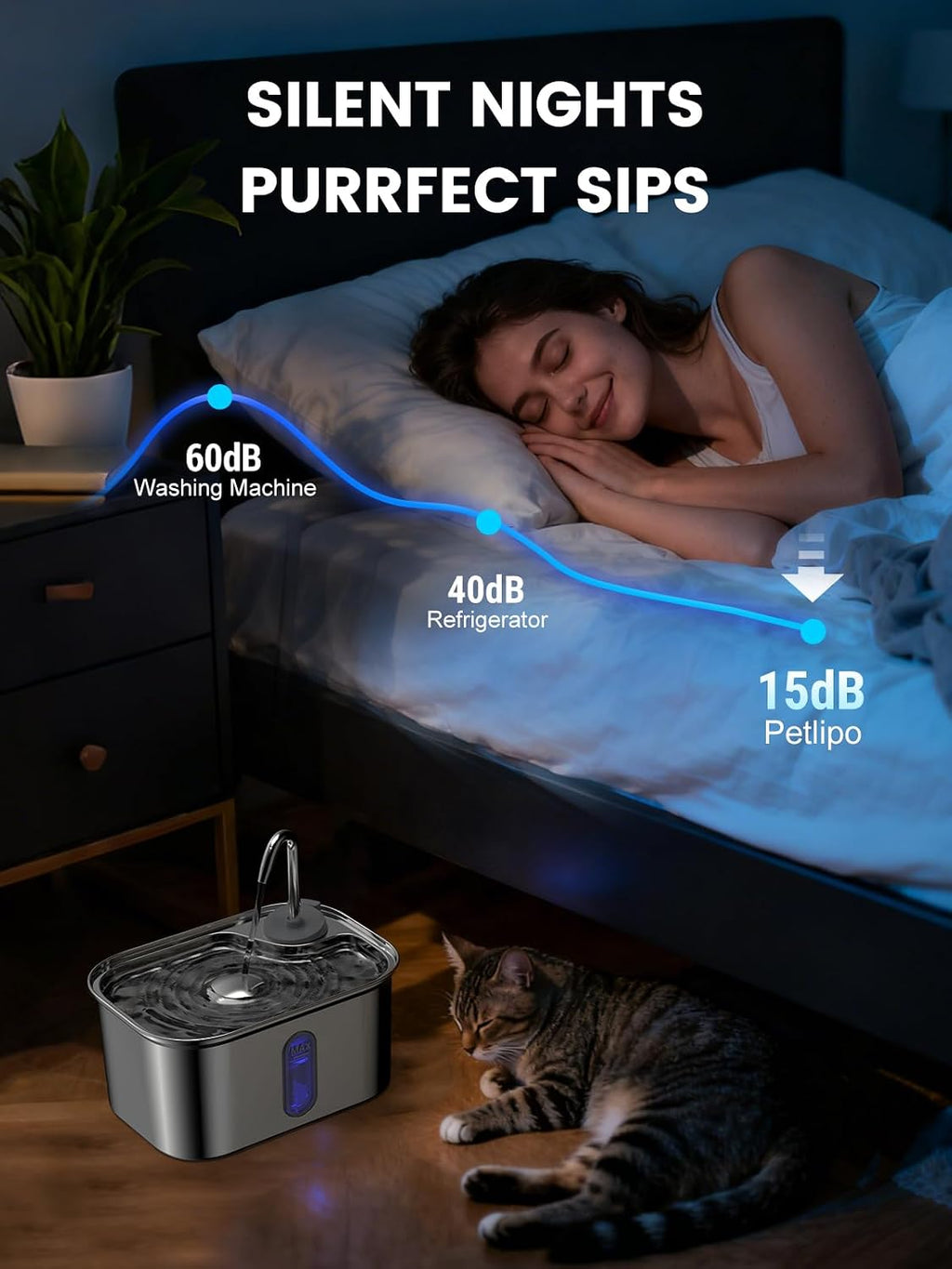 Cat Water Fountain Stainless Steel for Cats Indoor 2.5L 85oz by BPA-Free SUS304, Effective 6-Layer Filter Cat Fountain for Drinking 15dB Ultra Quiet Metal Pet Water Fountain (Fountain+1 Filter)