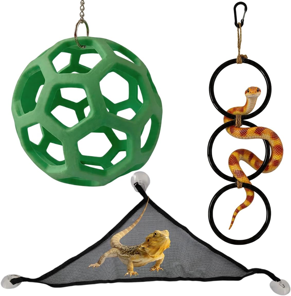 3 PCS Ball Python Tank Accessory, Snake Enrichment Toys, Jungle Gym Ball with Chain, 3 Climbing Rings, Triangle Mesh Hammock with Suction Cups, Complete Habitat Decor for Snakes & Reptiles