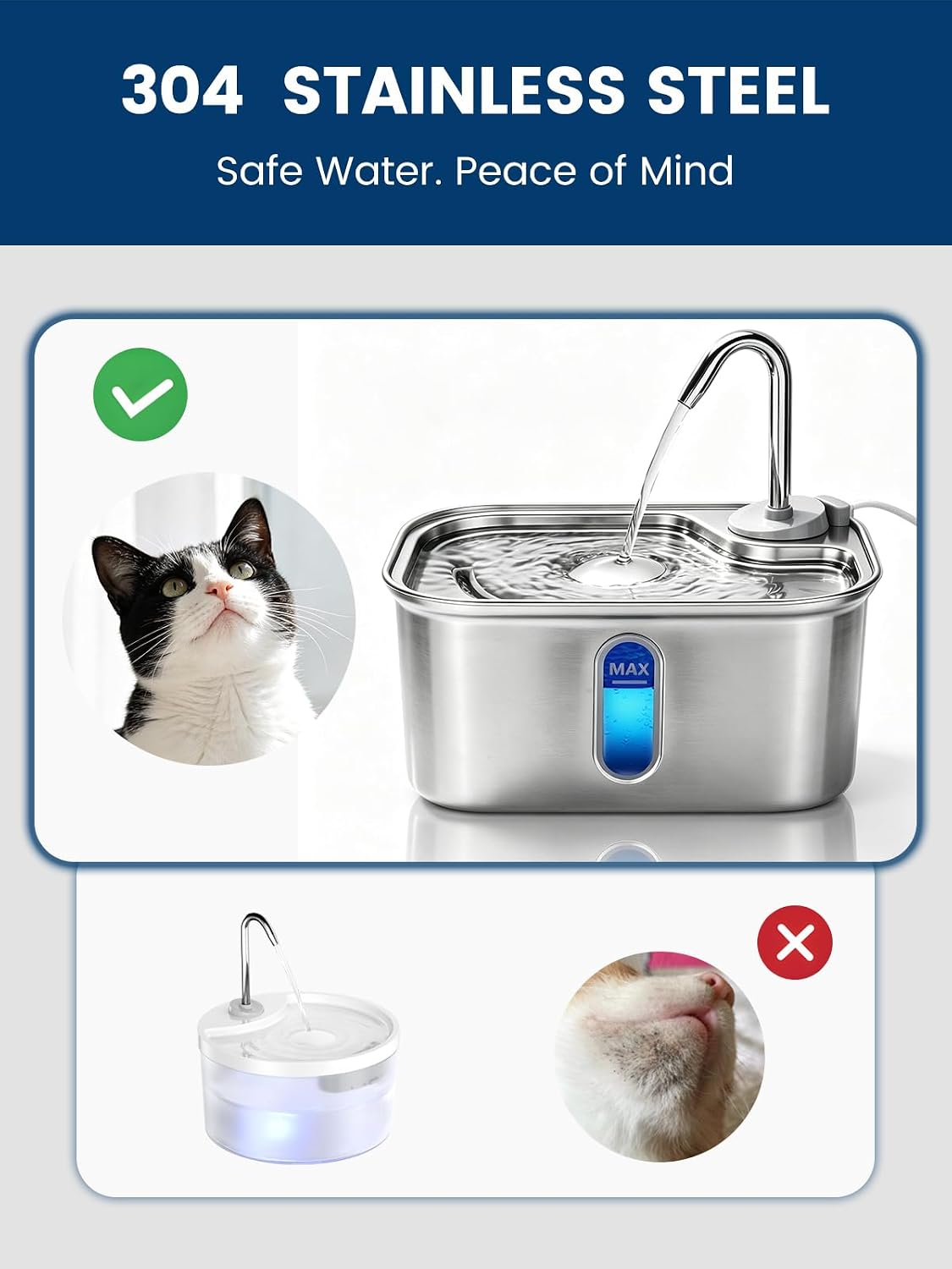 Cat Water Fountain Stainless Steel for Cats Indoor 2.5L 85oz by BPA-Free SUS304, Effective 6-Layer Filter Cat Fountain for Drinking 15dB Ultra Quiet Metal Pet Water Fountain (Fountain+1 Filter)