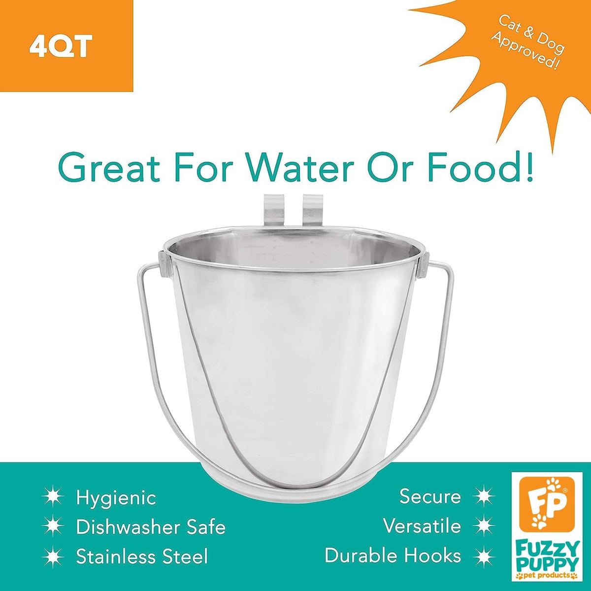 Fuzzy Puppy Flat Sided Pail with Dual Hooks, Snugly Fit On Dog, Cat and Critter Crates & Cages, Heavy Duty Stainless Steel | 4 Quart, (PN: FSP-4)