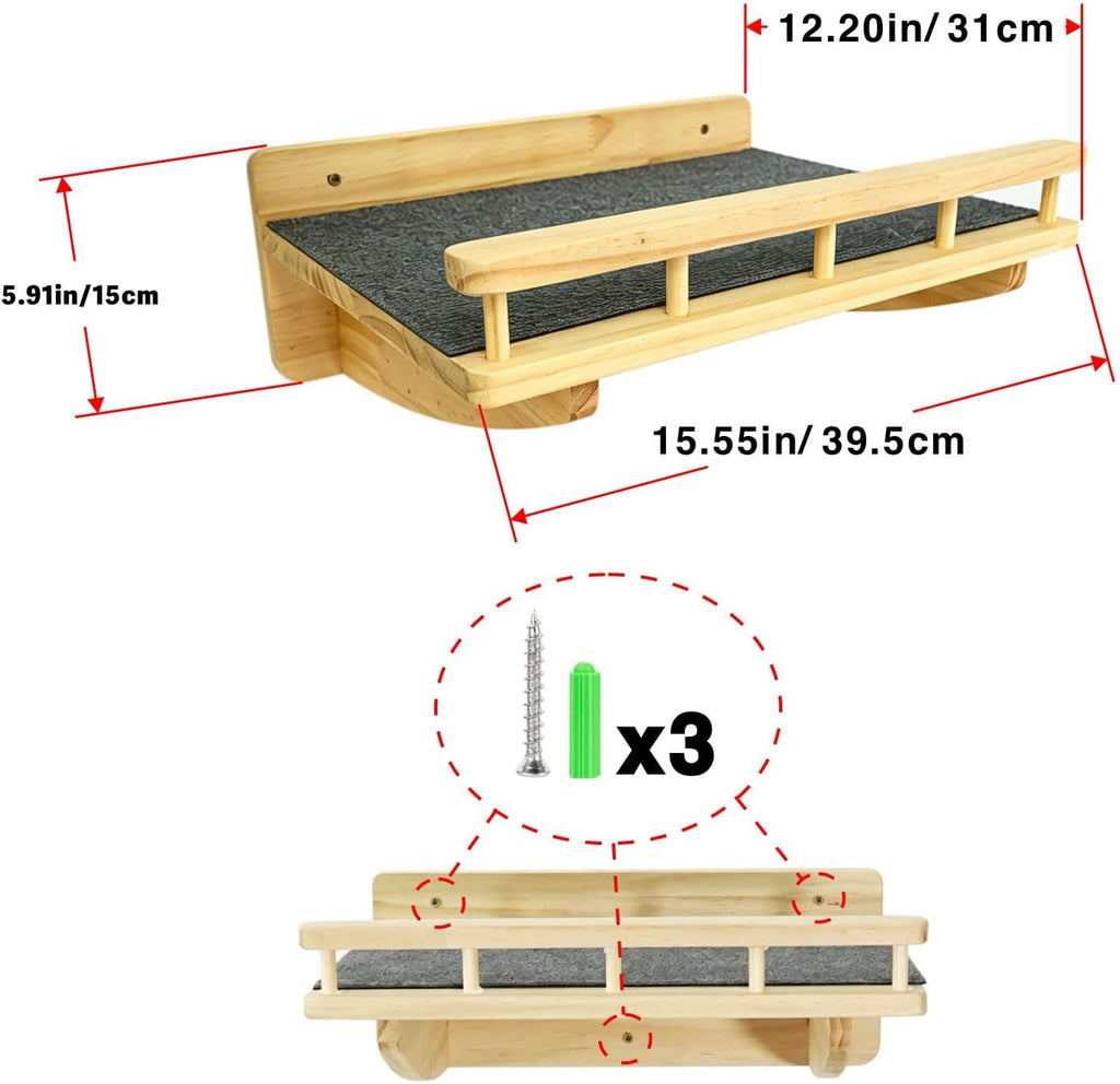 【1-Pack】 15.75" x 12.20" Natural Solid Wood Wall-Mounted Cat Shelf with Guardrail, Aerial Walkway, Wall Furniture, Steps, Stairs & Perch