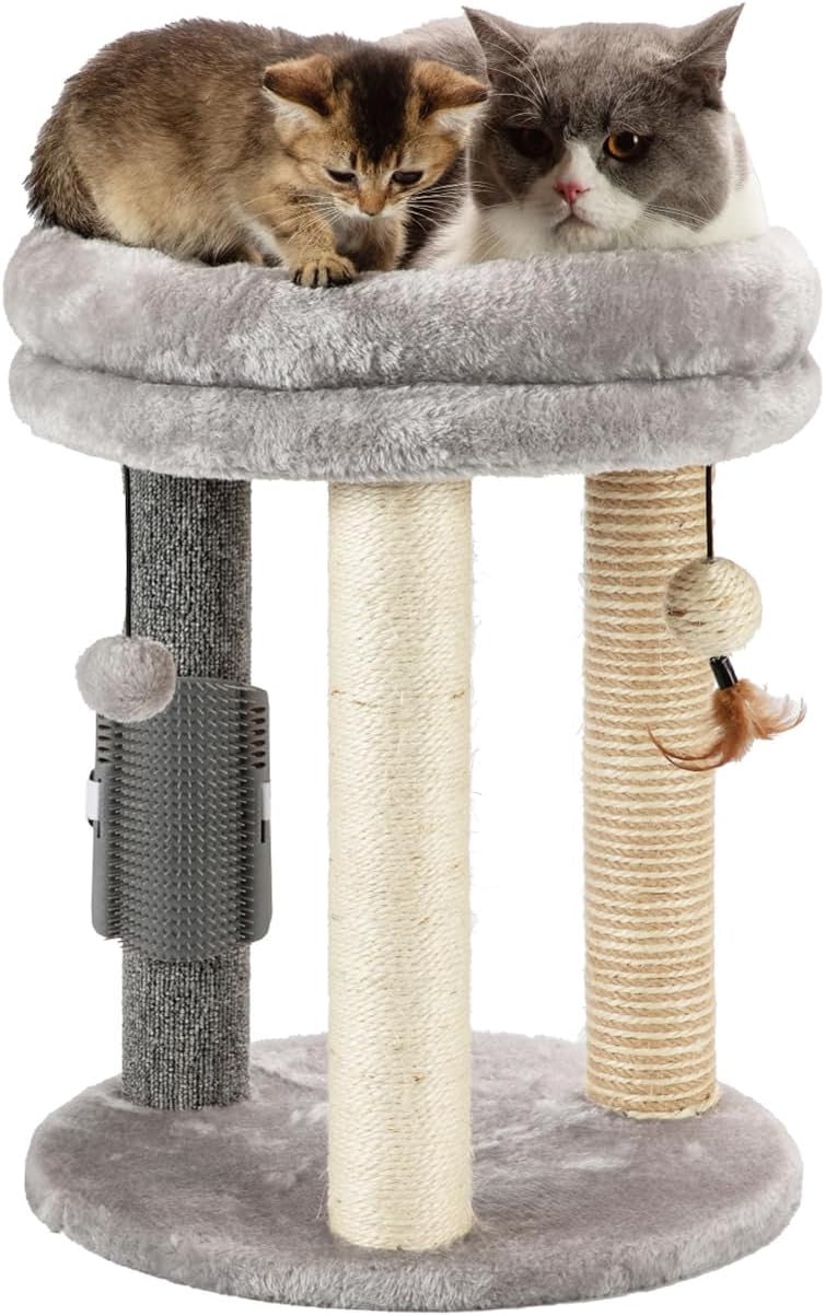 MECOOL 4in1 Small Cat Tree,Scratching Post with Tower Soft Bed, Sisal Carpet Jute Posts with Three Hanging Ball Toys and Massage Brush for Indoor Cats and Kittens