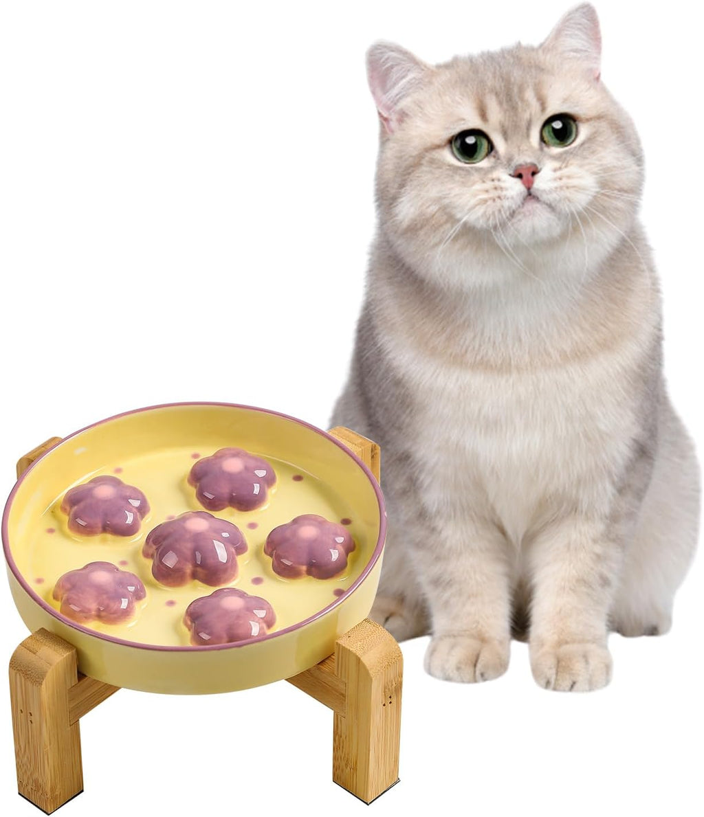 Elevated Ceramic Slow Feeder Cat Bowl with Anti-Slip Bamboo Stand